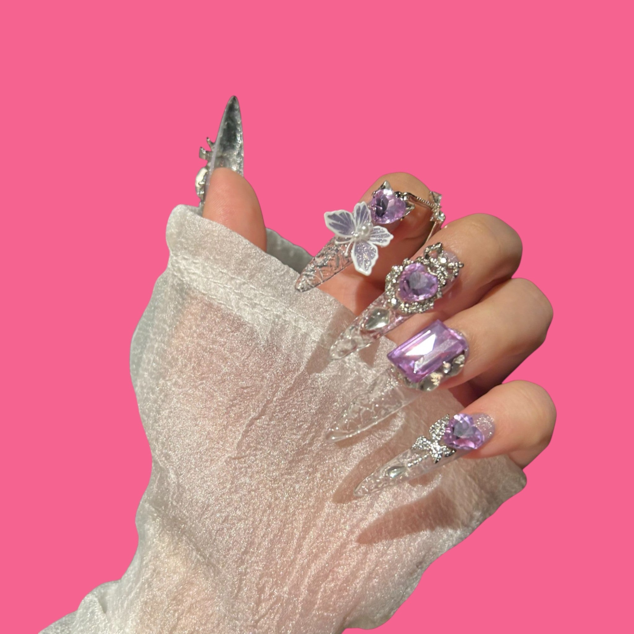 Luxury Purple Butterfly Press-On Nails | Extra Long Stiletto Glam Set