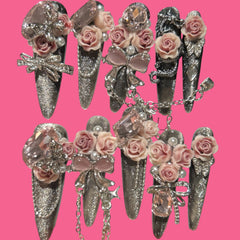 Gothic Rose & Silver 3D Press-On Nails | Extra Long Stiletto