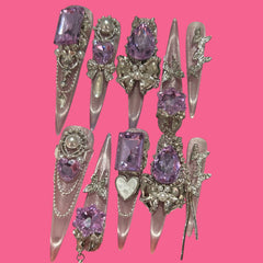 Pink Lightning Glam Press-On Nails | Long Stiletto with Purple Gems 1.97 inches