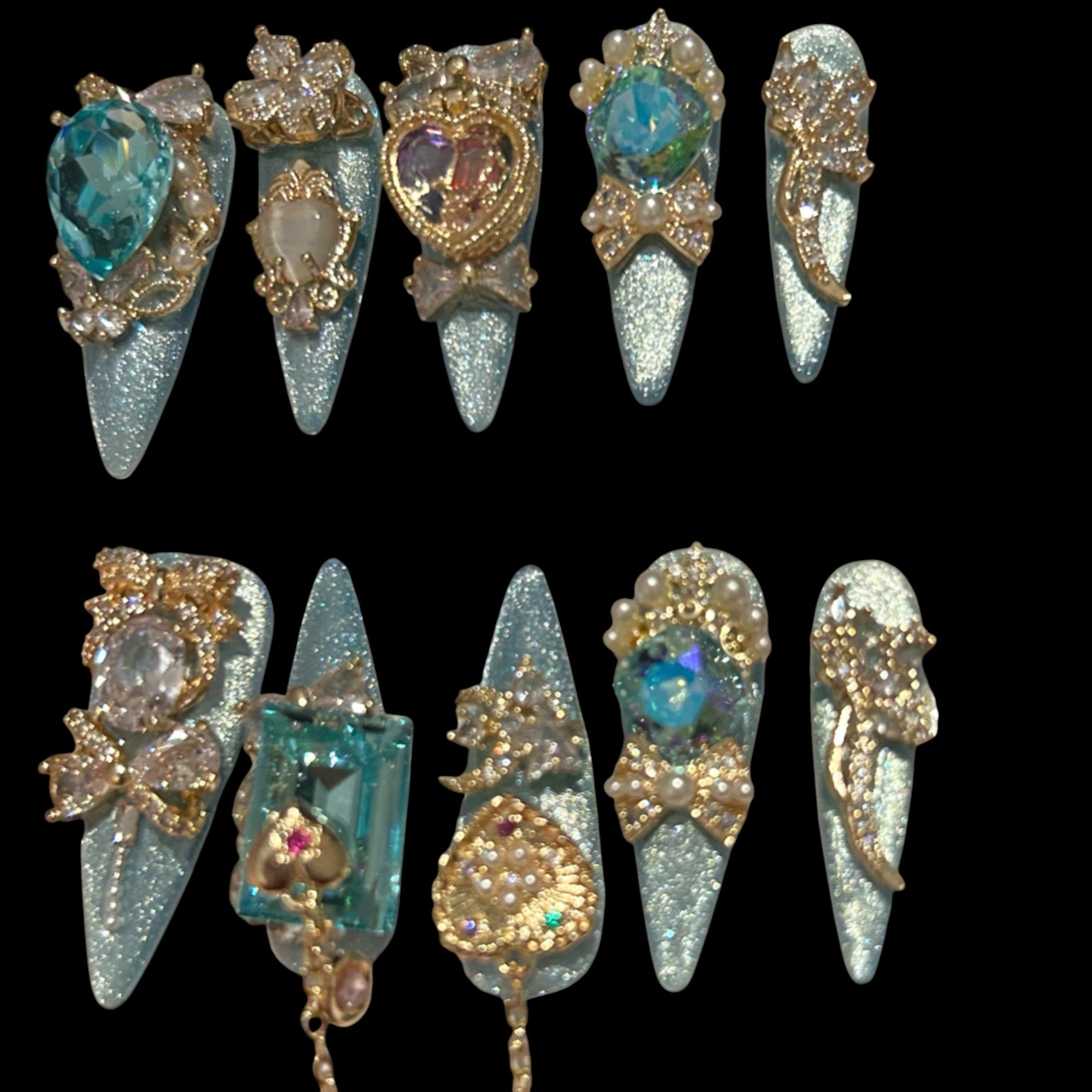Ice Blue Gold Crown Press-On Nails | Princesscore Medium Set