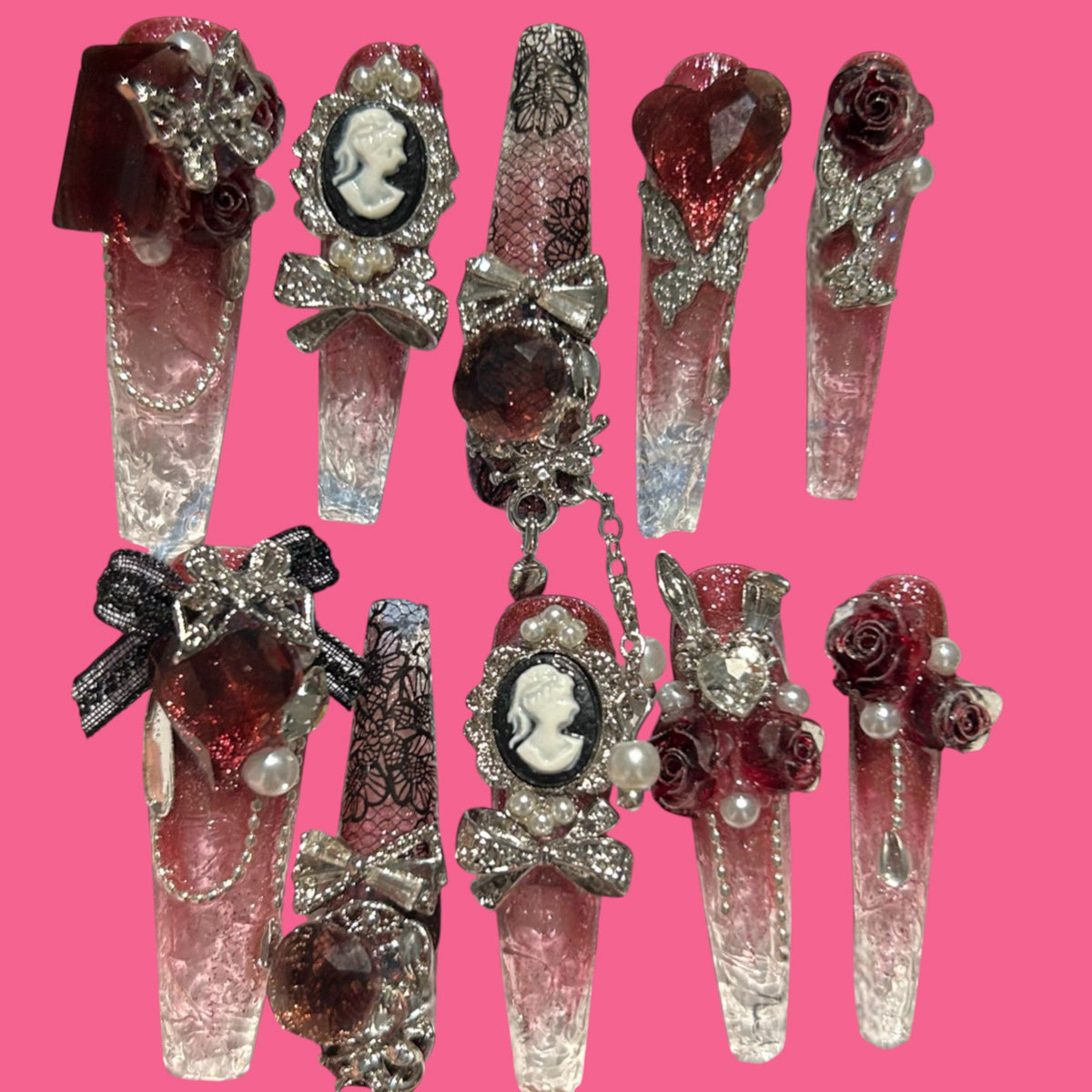 Vintage Red Gemstone & Pearl Press-On Nails