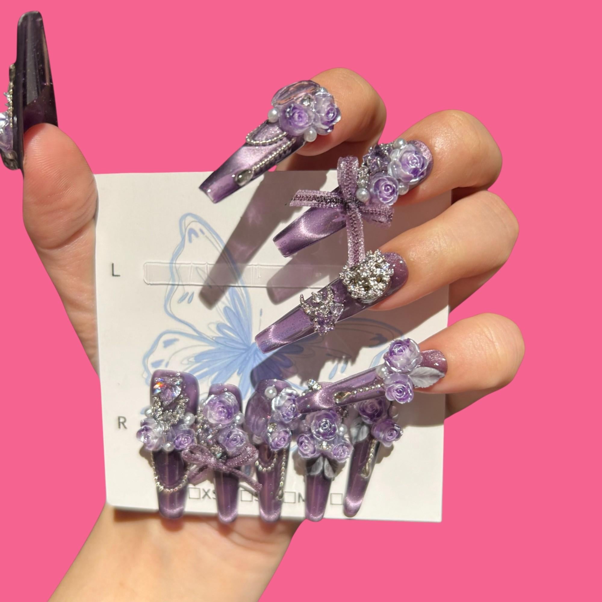 Lavender Rose Press-On Nails | 3D Floral Square Medium Set