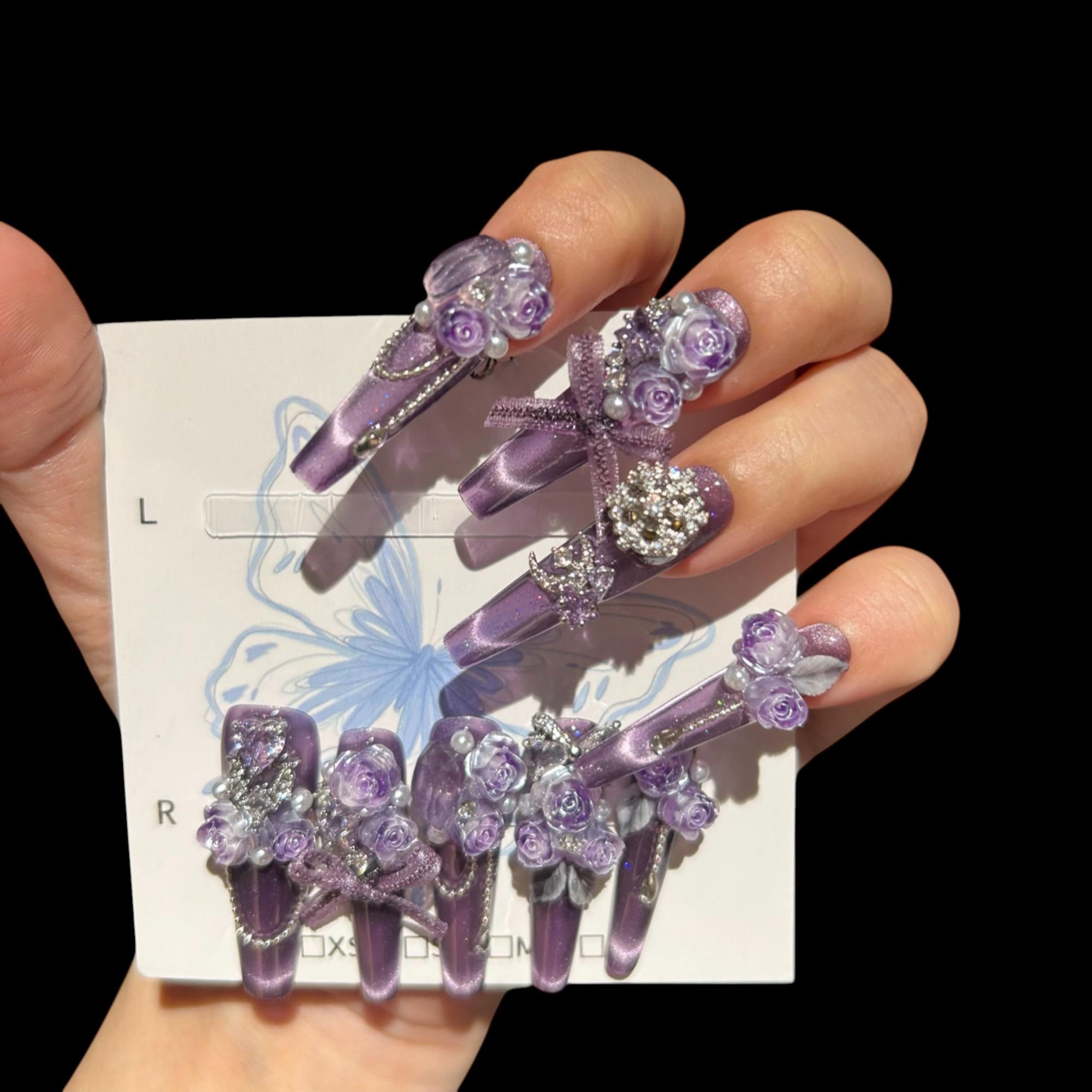 Lavender Rose Press-On Nails | 3D Floral Square Medium Set