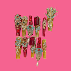 Imperial Red & Gold Press-On Nails – 1.57" Long | Jade Dragon & Chinese Charm Accents | NailiPress