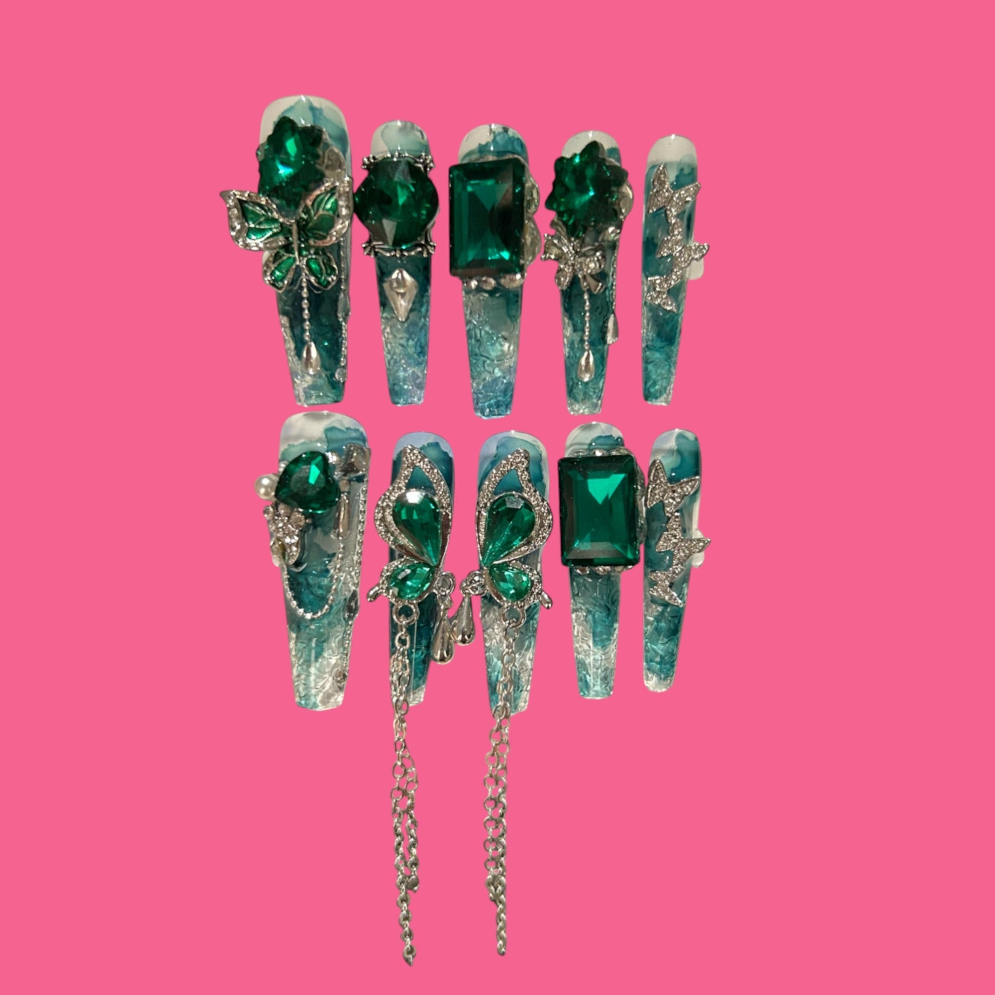 Emerald Butterfly Press-On Nails Glitter Marble & Gem Chains | NailiPress