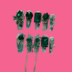 Emerald Butterfly Press-On Nails Glitter Marble & Gem Chains | NailiPress