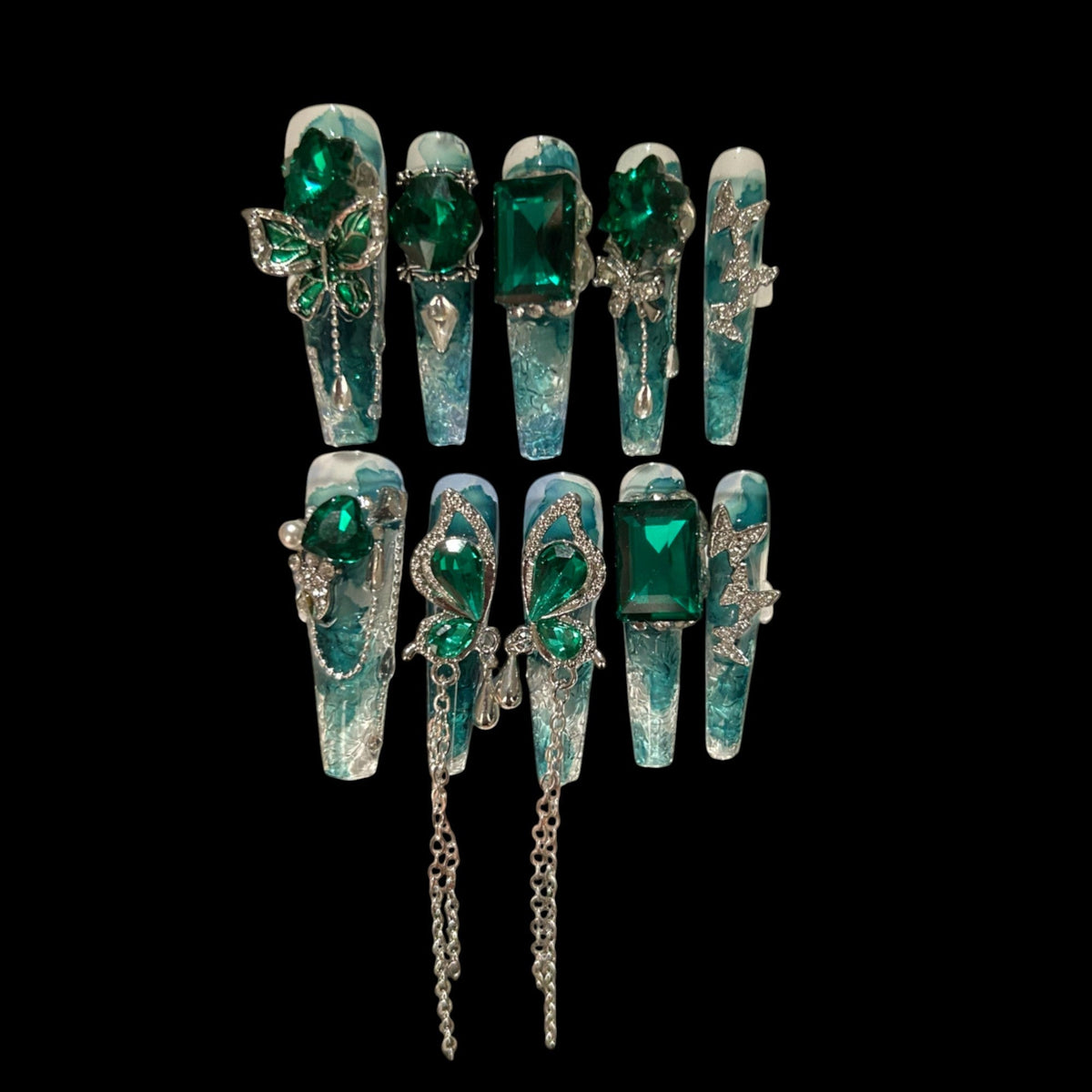 Emerald Butterfly Press-On Nails Glitter Marble & Gem Chains | NailiPress 1.57-Inch