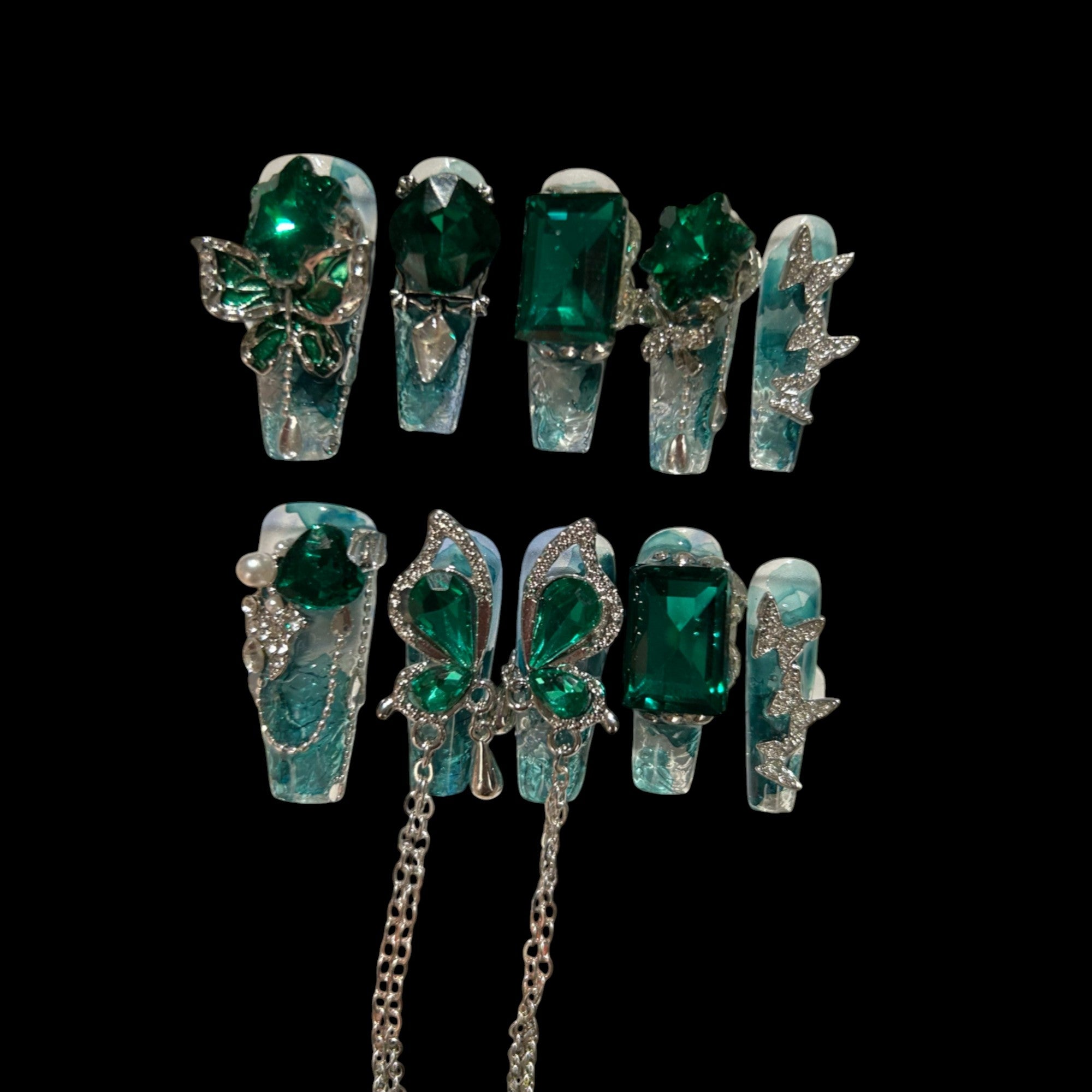 Emerald Butterfly Press-On Nails Glitter Marble & Gem Chains | NailiPress 1.18-Inch
