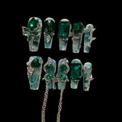 Emerald Butterfly Press-On Nails Glitter Marble & Gem Chains | NailiPress 1.18-Inch