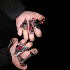 Gothic Black Gemstone & Rose Press-On Nails