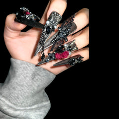 Gothic Black Gemstone & Rose Press-On Nails