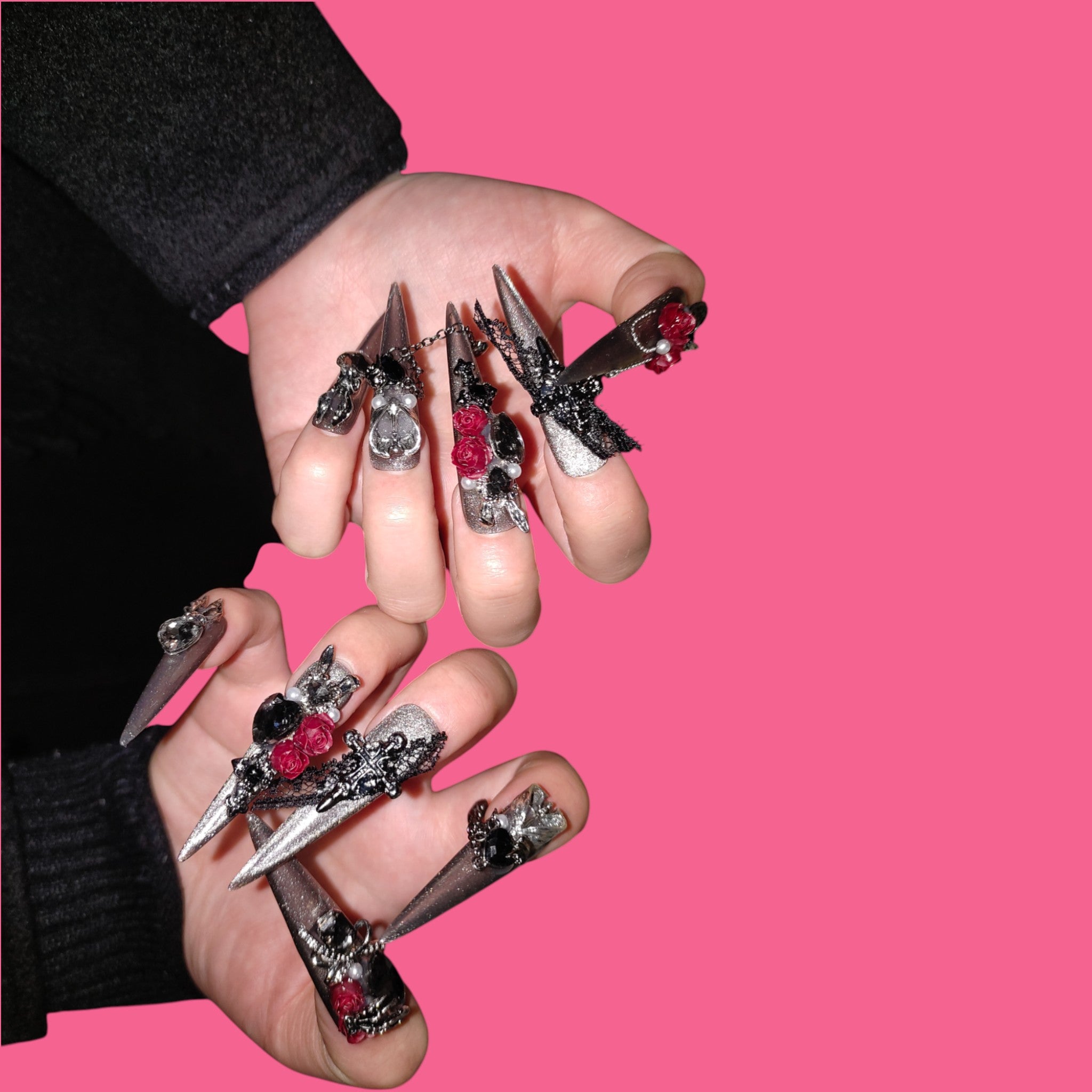 Gothic Black Gemstone & Rose Press-On Nails