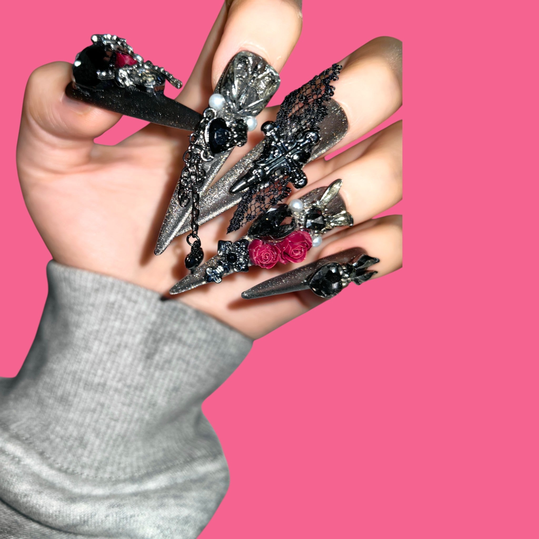 Gothic Black Gemstone & Rose Press-On Nails