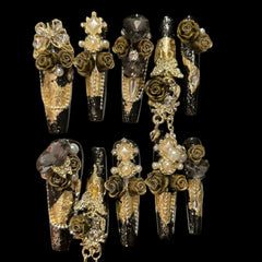 Gothic Black & Gold Rose Press-On Nails with Dangling Charms – Long Coffin Style | NailiPress