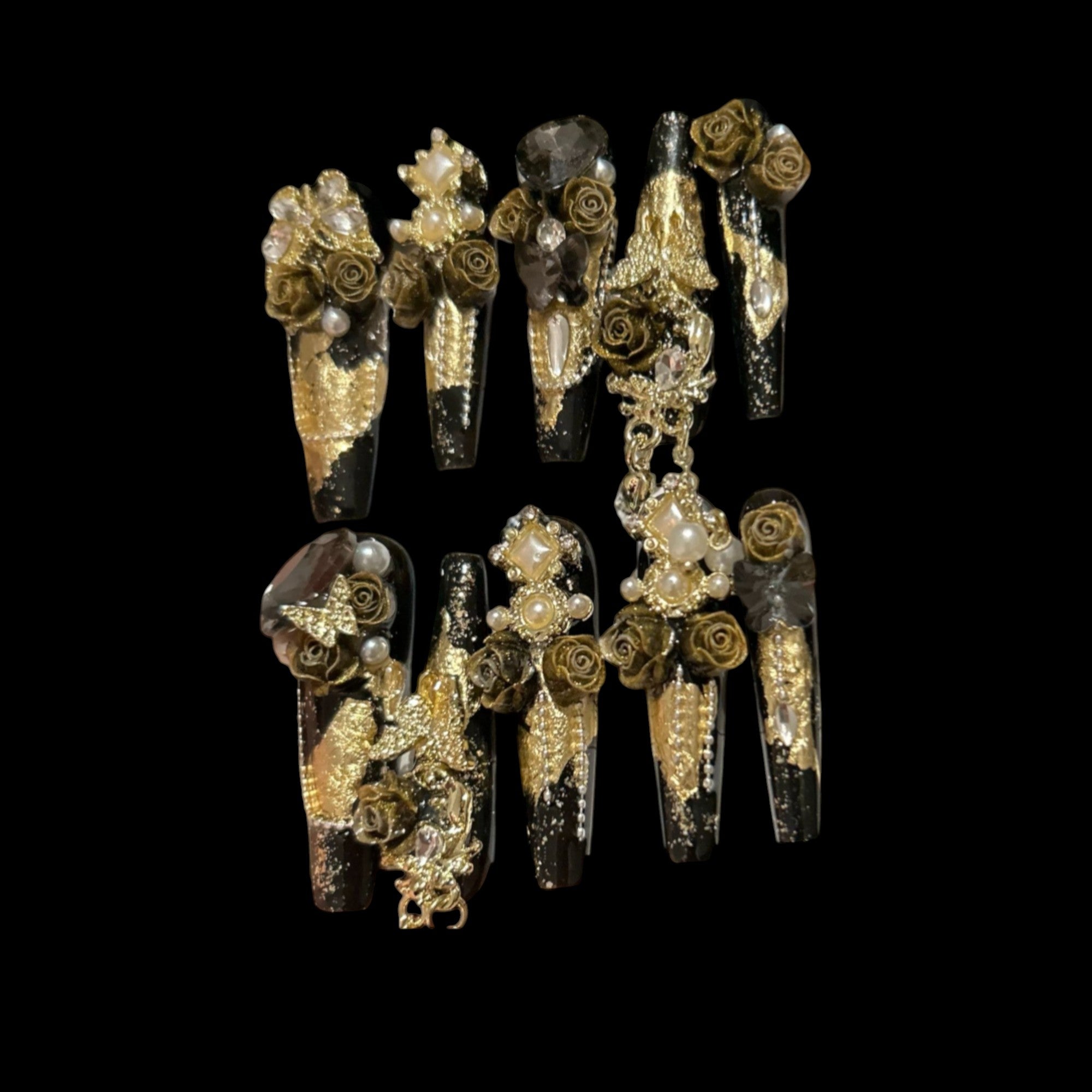 Gothic Black & Gold Rose Press-On Nails with Dangling Charms – Long Coffin Style | NailiPress 1.18-inch