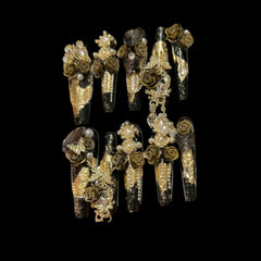 Gothic Black & Gold Rose Press-On Nails with Dangling Charms – Long Coffin Style | NailiPress 1.18-inch