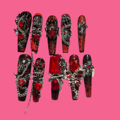 Vampire Red & Black Gothic Press-On Nails with Chains & Skulls – Long Stiletto 1.57-inch | NailiPress