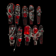 Vampire Red & Black Gothic Press-On Nails with Chains & Skulls – Long Stiletto 1.57-inch | NailiPress