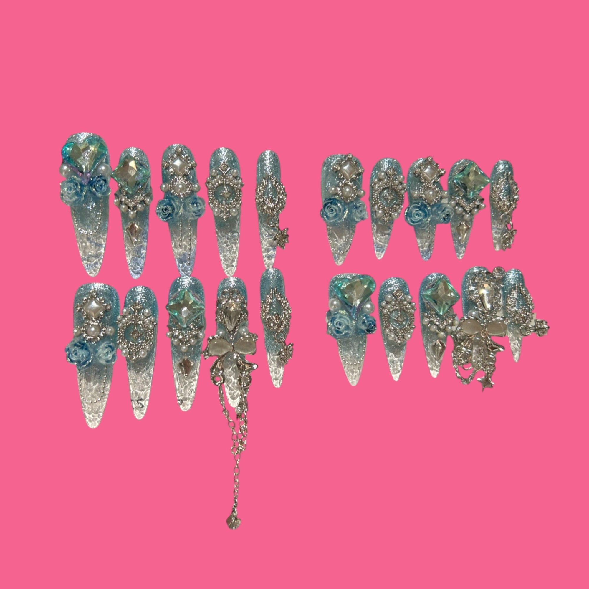 Icy Blue Rose Press-On Nails – Stiletto Long | NailiPress