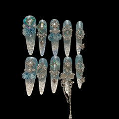 Icy Blue Rose Press-On Nails – Stiletto Long | NailiPress