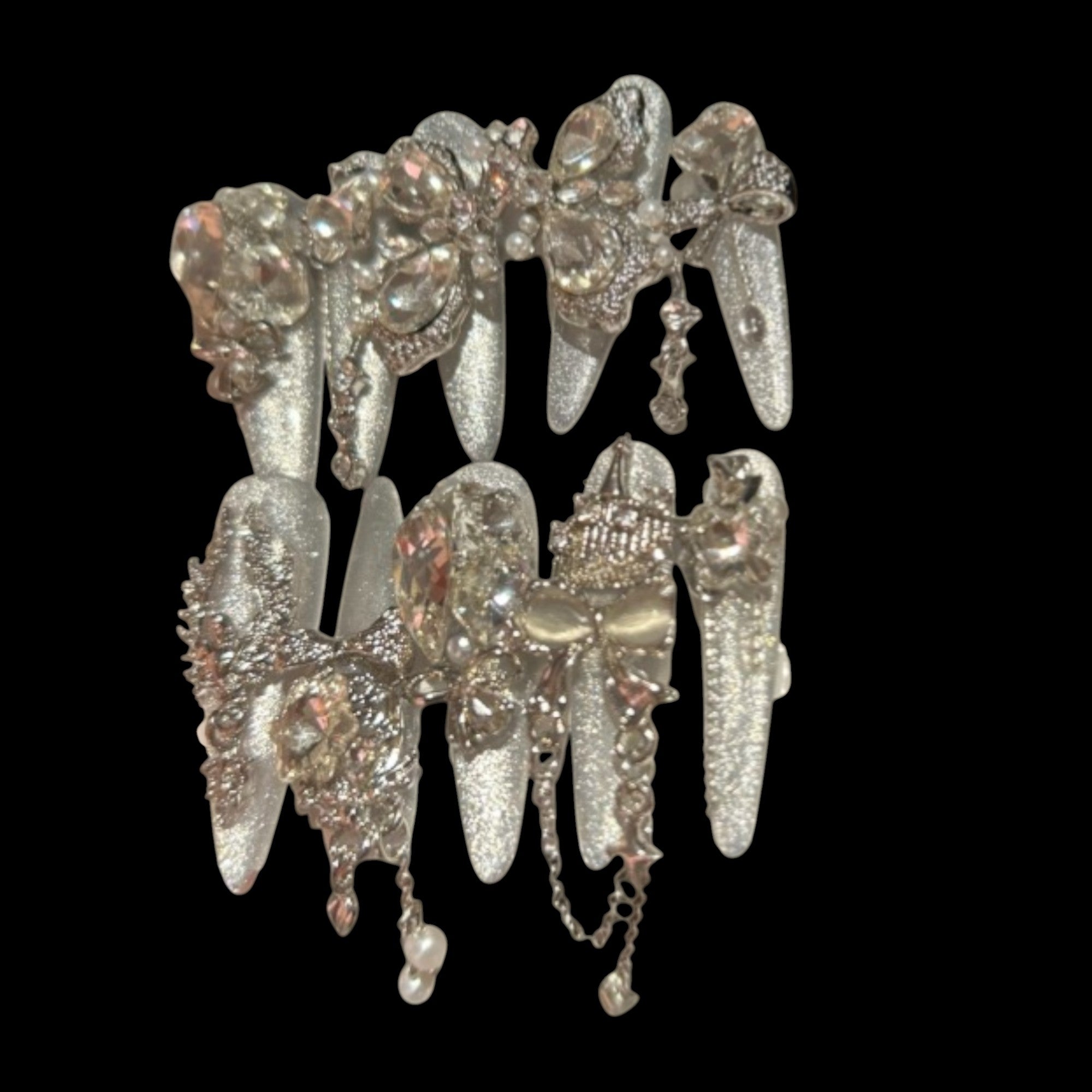 Silver Crystal Glam Press-On Nails – Long Stiletto | NailiPress 1.18-inch