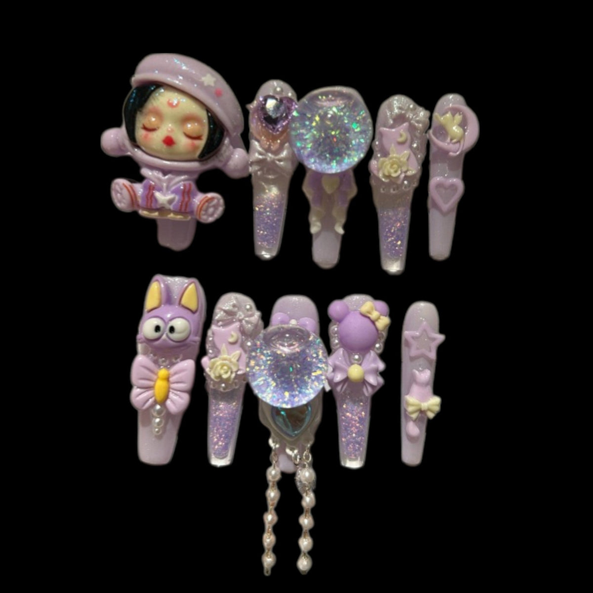 Kawaii Anime Girl Press-On Nails – Purple Glitter Cute Charms | NailiPress