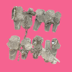 White Rose Bridal Press-On Nails – Glitter Pearl Charm Set | NailiPress