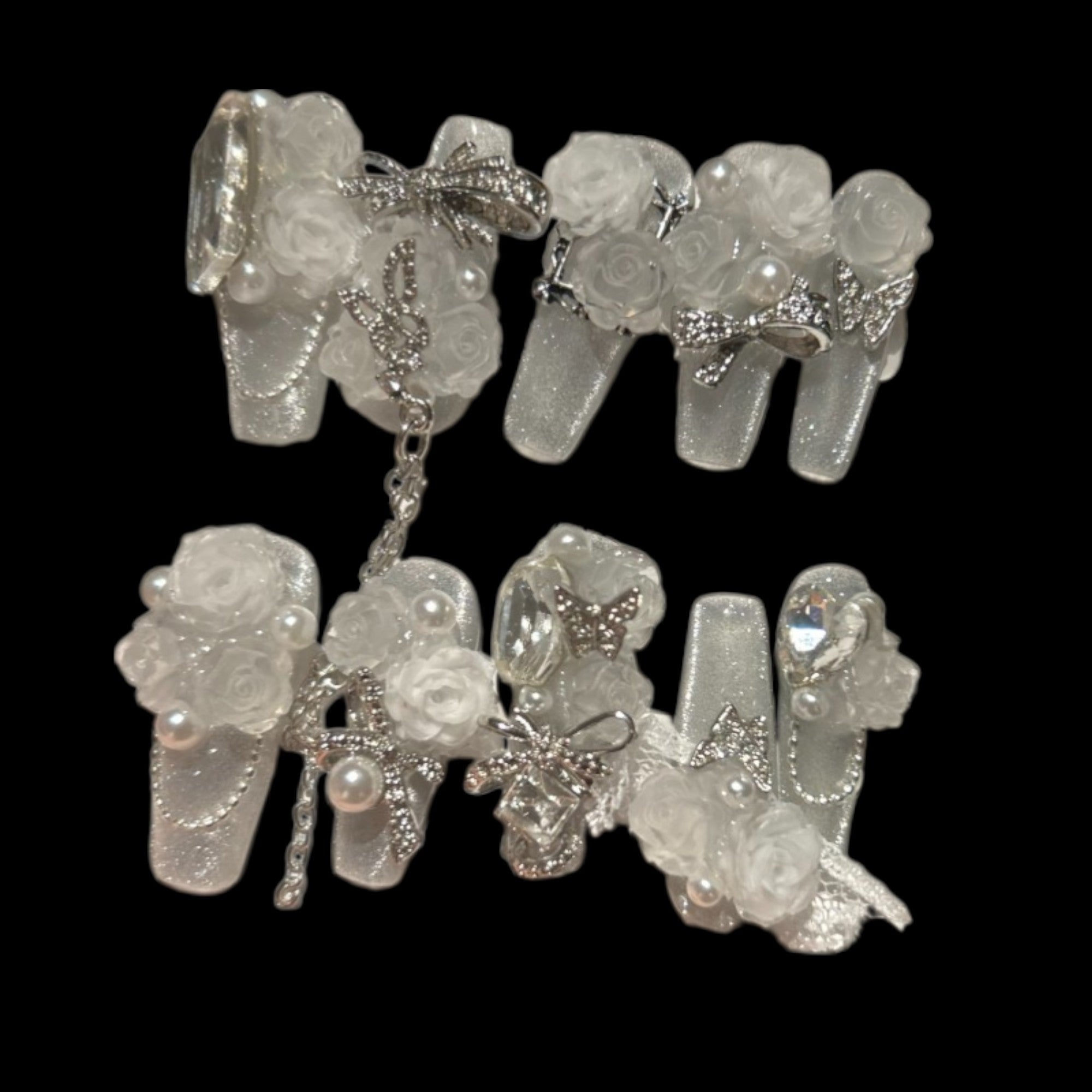 White Rose Bridal Press-On Nails – Glitter Pearl Charm Set | NailiPress