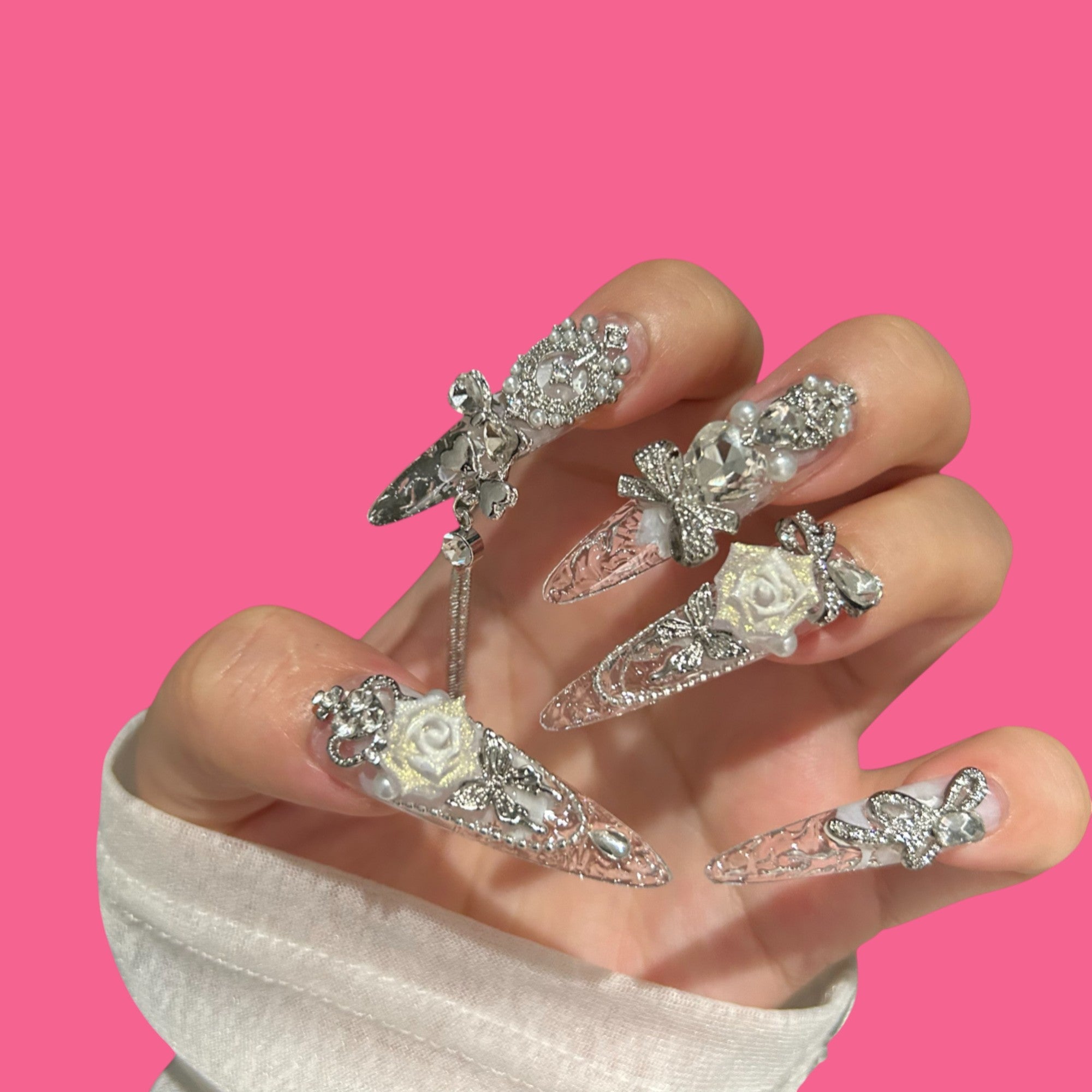 Clear Stiletto Press-On Nails with Silver Accents & White Roses