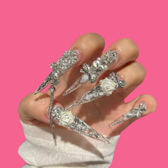 Clear Stiletto Press-On Nails with Silver Accents & White Roses