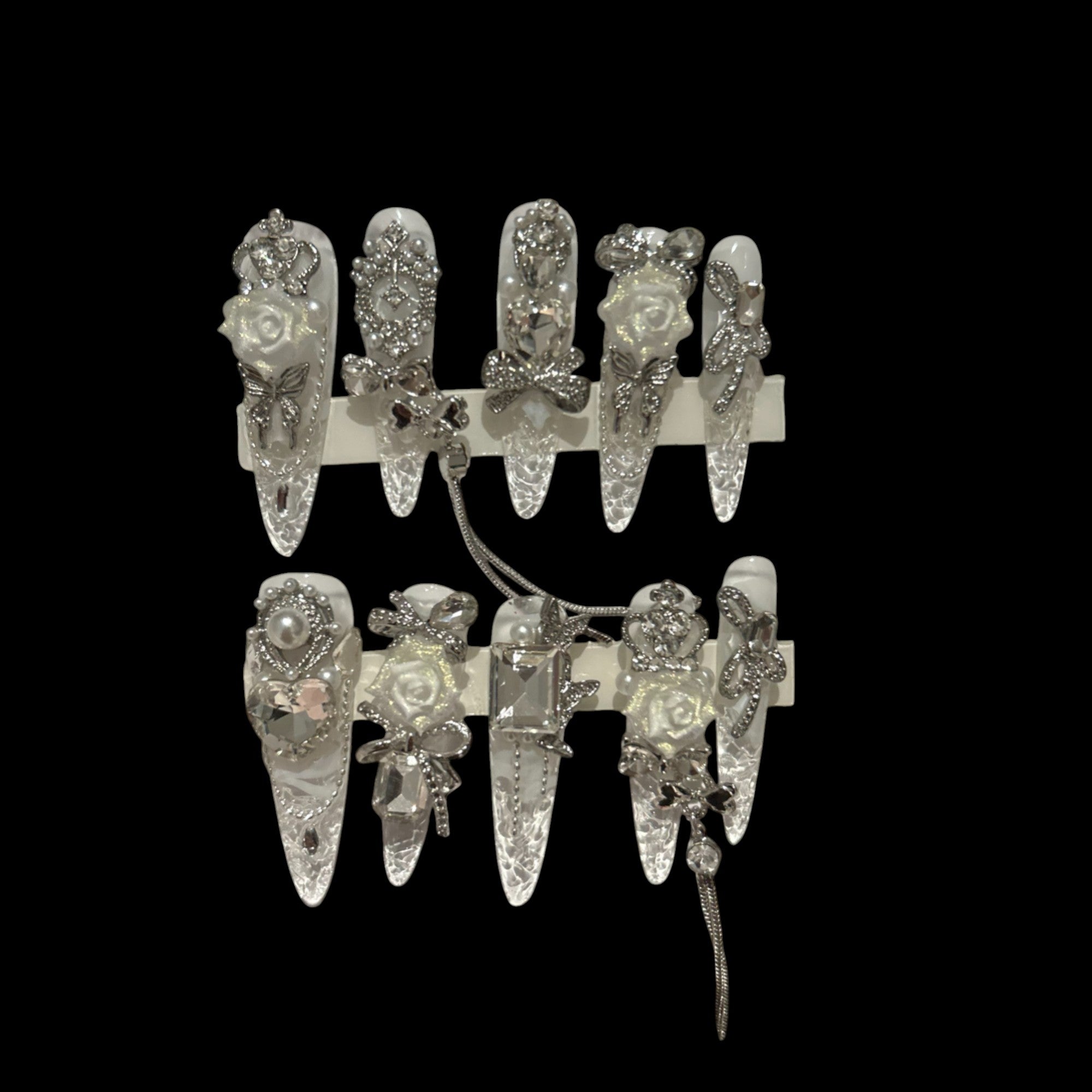 Clear Stiletto Press-On Nails with Silver Accents & White Roses