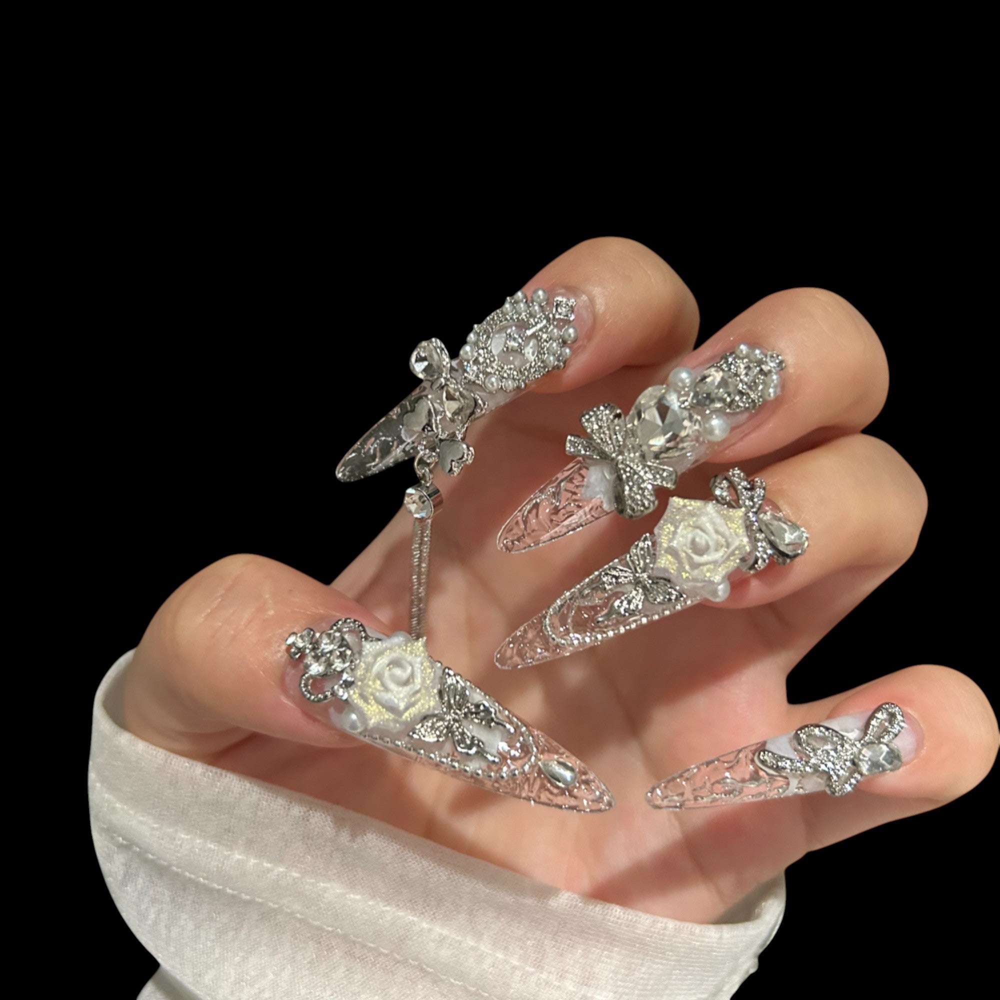Clear Stiletto Press-On Nails with Silver Accents & White Roses