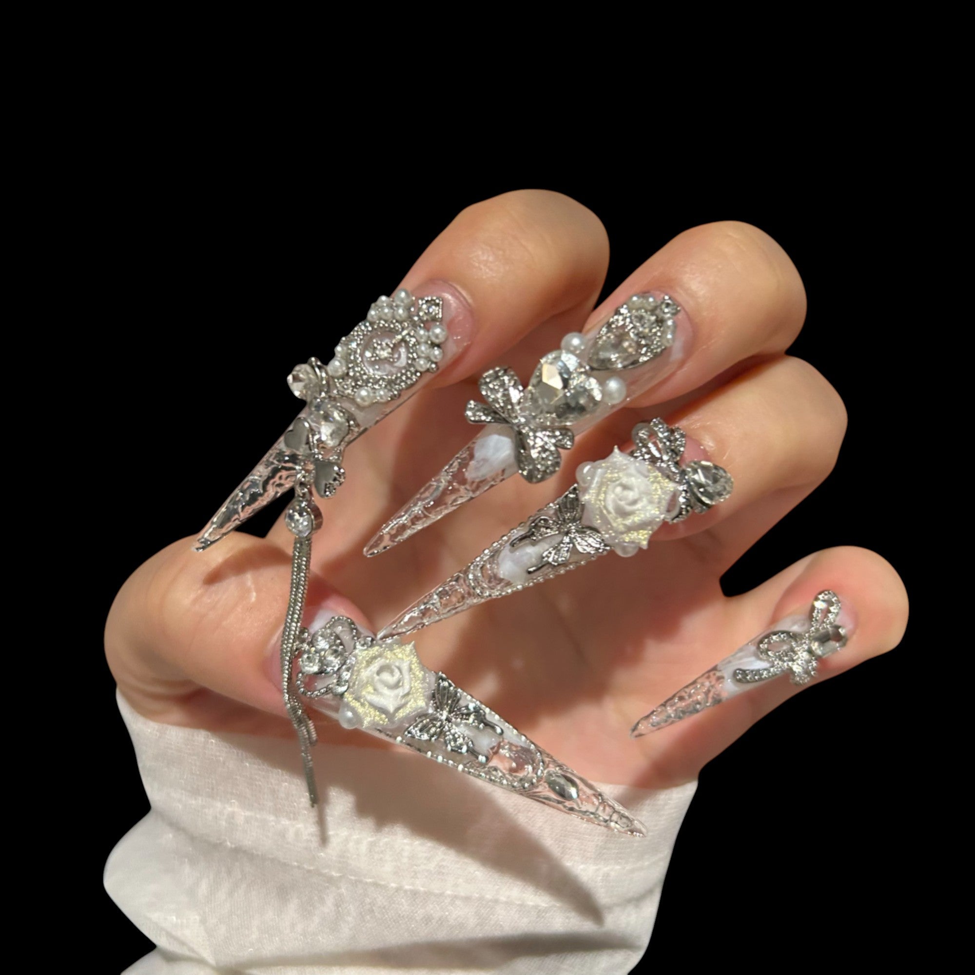 Clear Stiletto Press-On Nails with Silver Accents & White Roses