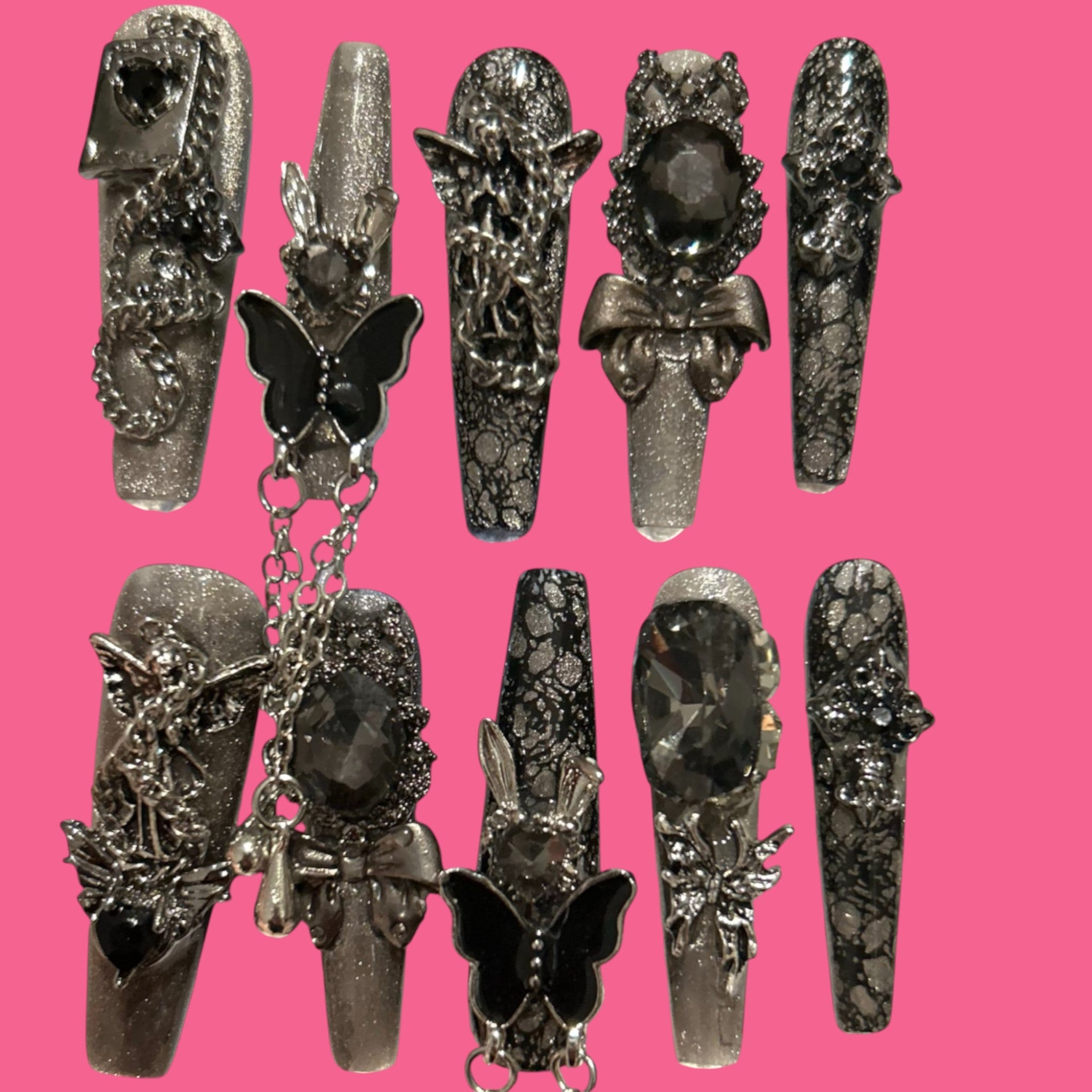 Gothic Glam Press-On Nails – Sparkling Silver and Black Collection