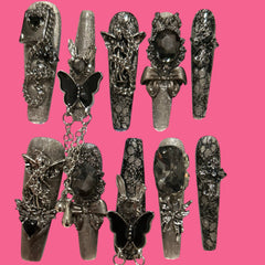 Gothic Glam Press-On Nails – Sparkling Silver and Black Collection