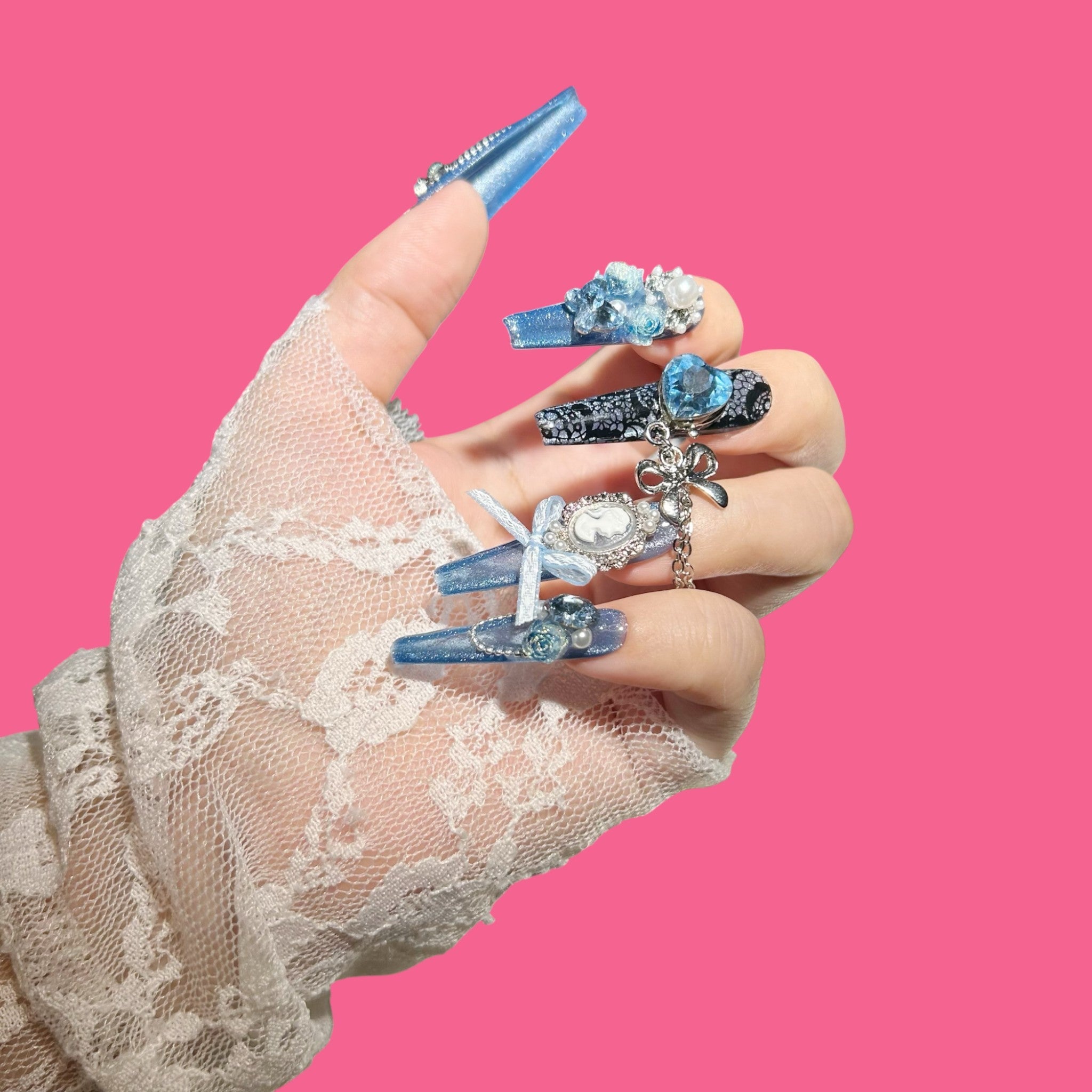 Elegant Blue and Silver Gothic Press-On Nails | NailiPress
