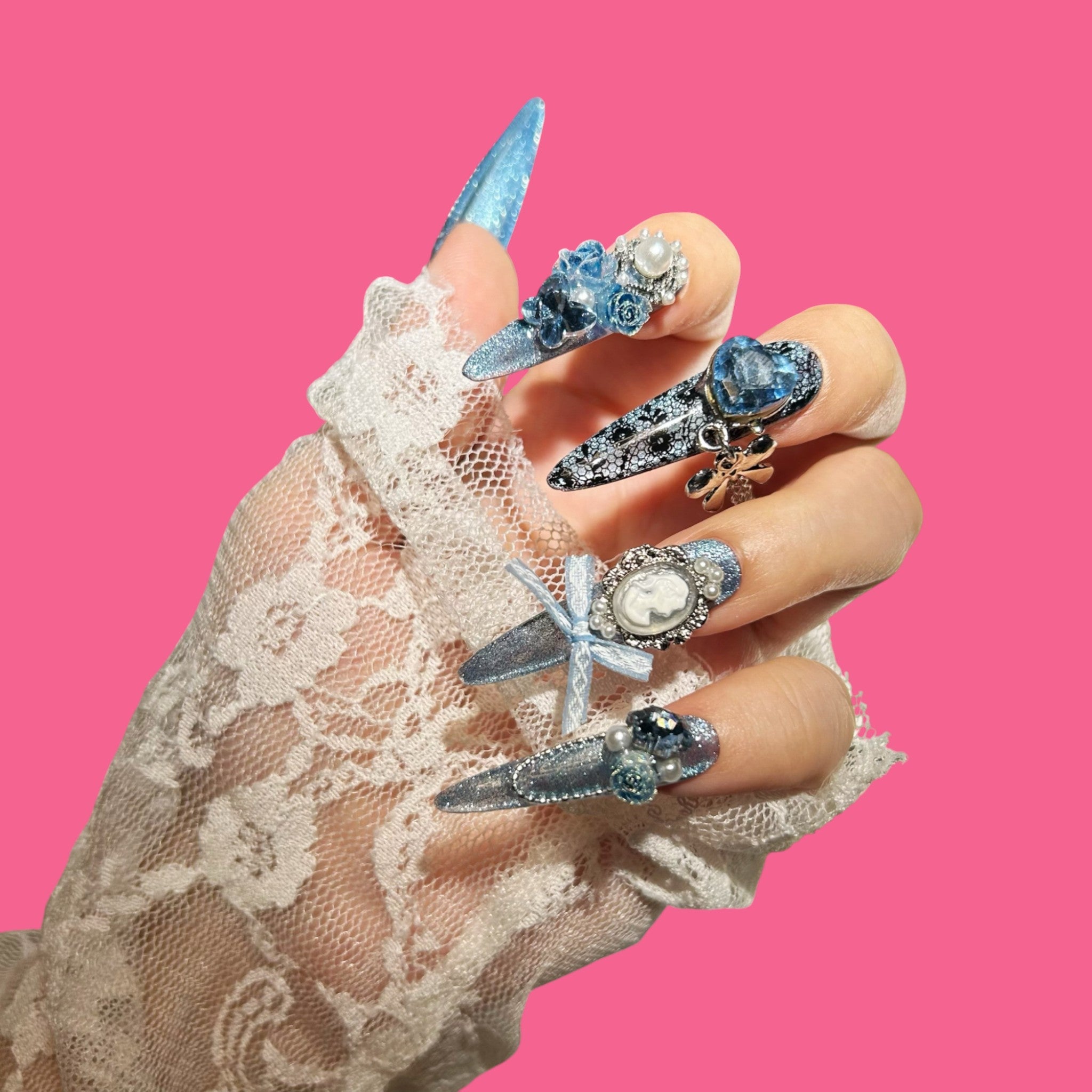 Elegant Blue and Silver Gothic Press-On Nails | NailiPress