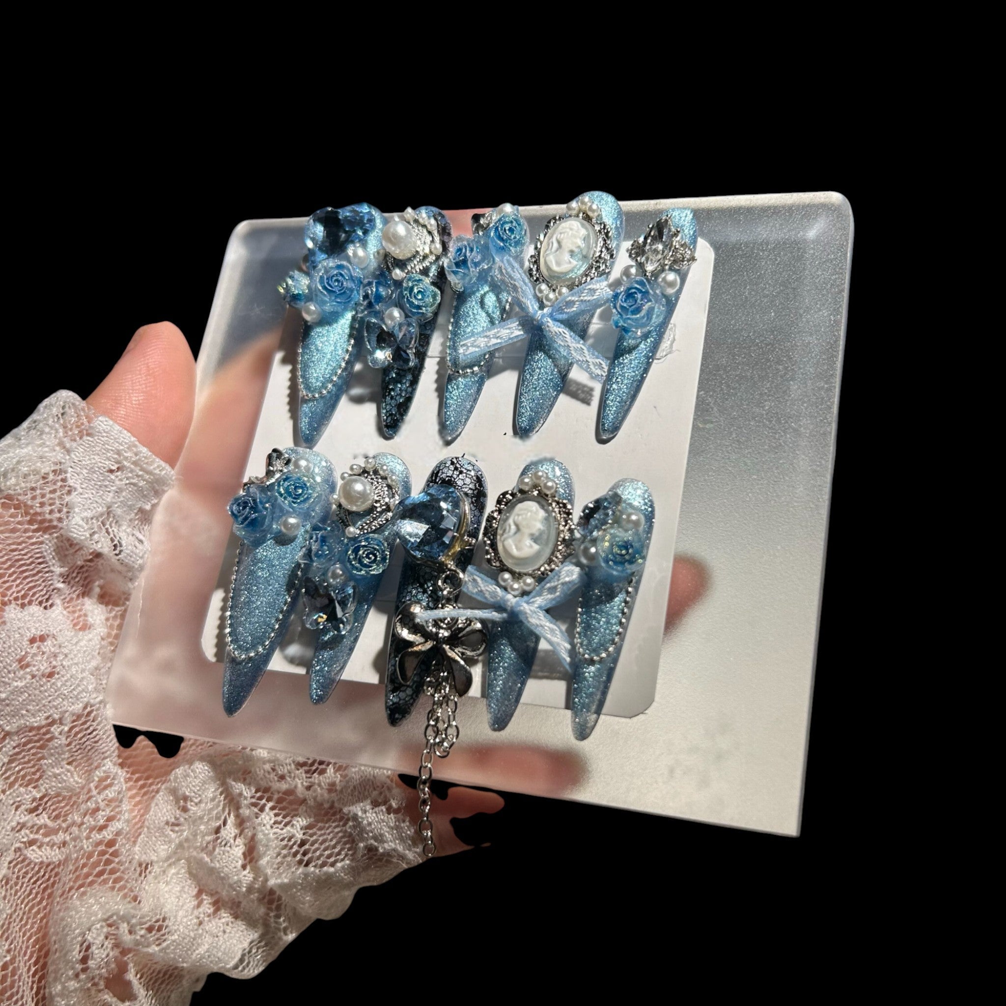 Elegant Blue and Silver Gothic Press-On Nails | NailiPress