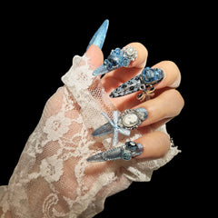 Elegant Blue and Silver Gothic Press-On Nails | NailiPress