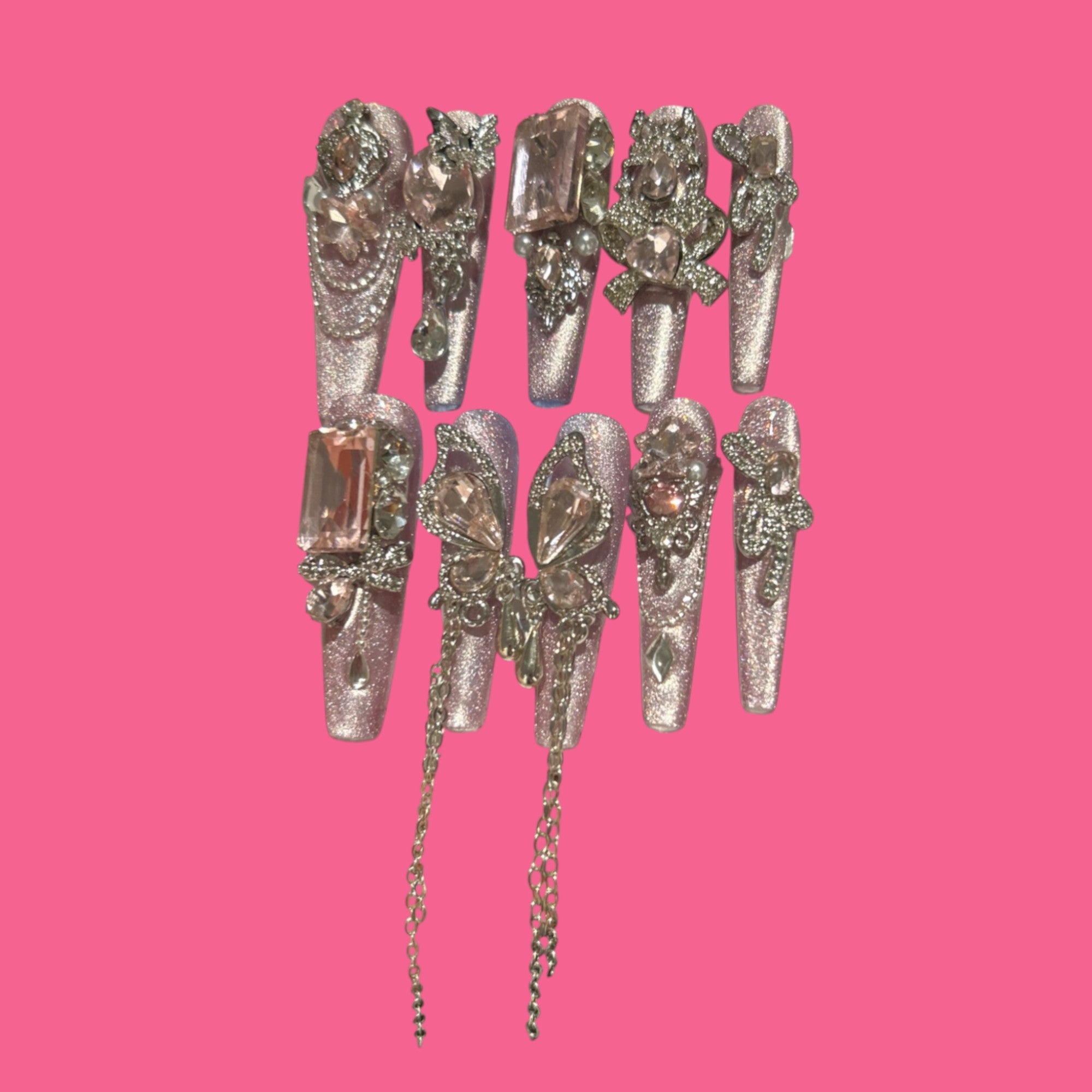Crystal Dust Pink Glitter Press-On Nails with Chains | NailiPress