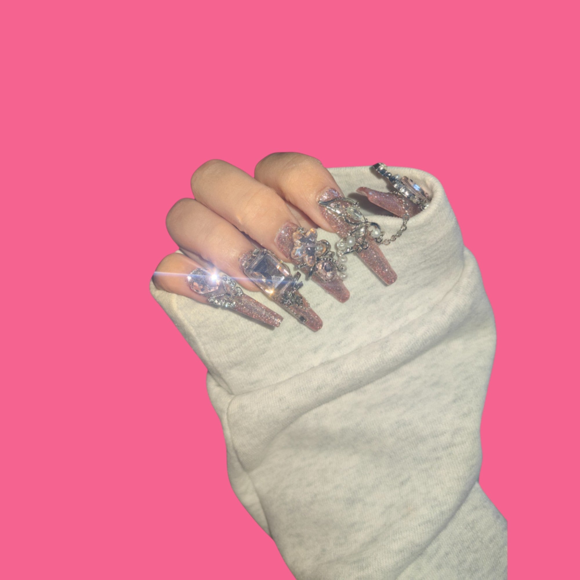 Crystal Dust Pink Glitter Press-On Nails with Chains | NailiPress