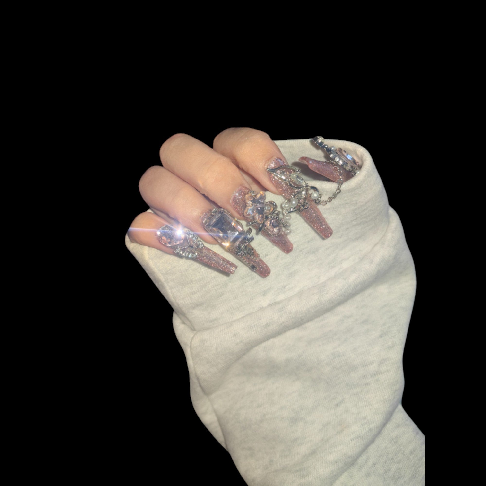 Crystal Dust Pink Glitter Press-On Nails with Chains | NailiPress