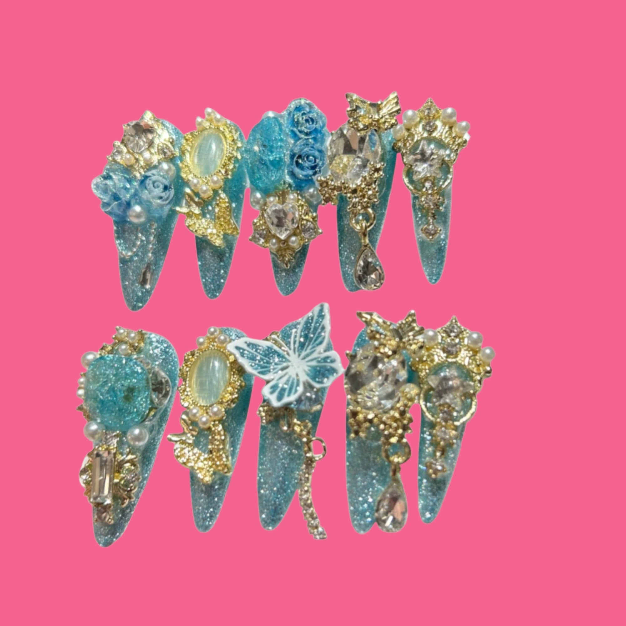Frozen Garden — Ice Blue Butterfly & Jewel Press-On Nails | NailiPress