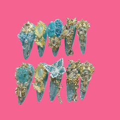 Frozen Garden — Ice Blue Butterfly & Jewel Press-On Nails | NailiPress