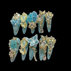Frozen Garden — Ice Blue Butterfly & Jewel Press-On Nails | NailiPress 1.18-inch