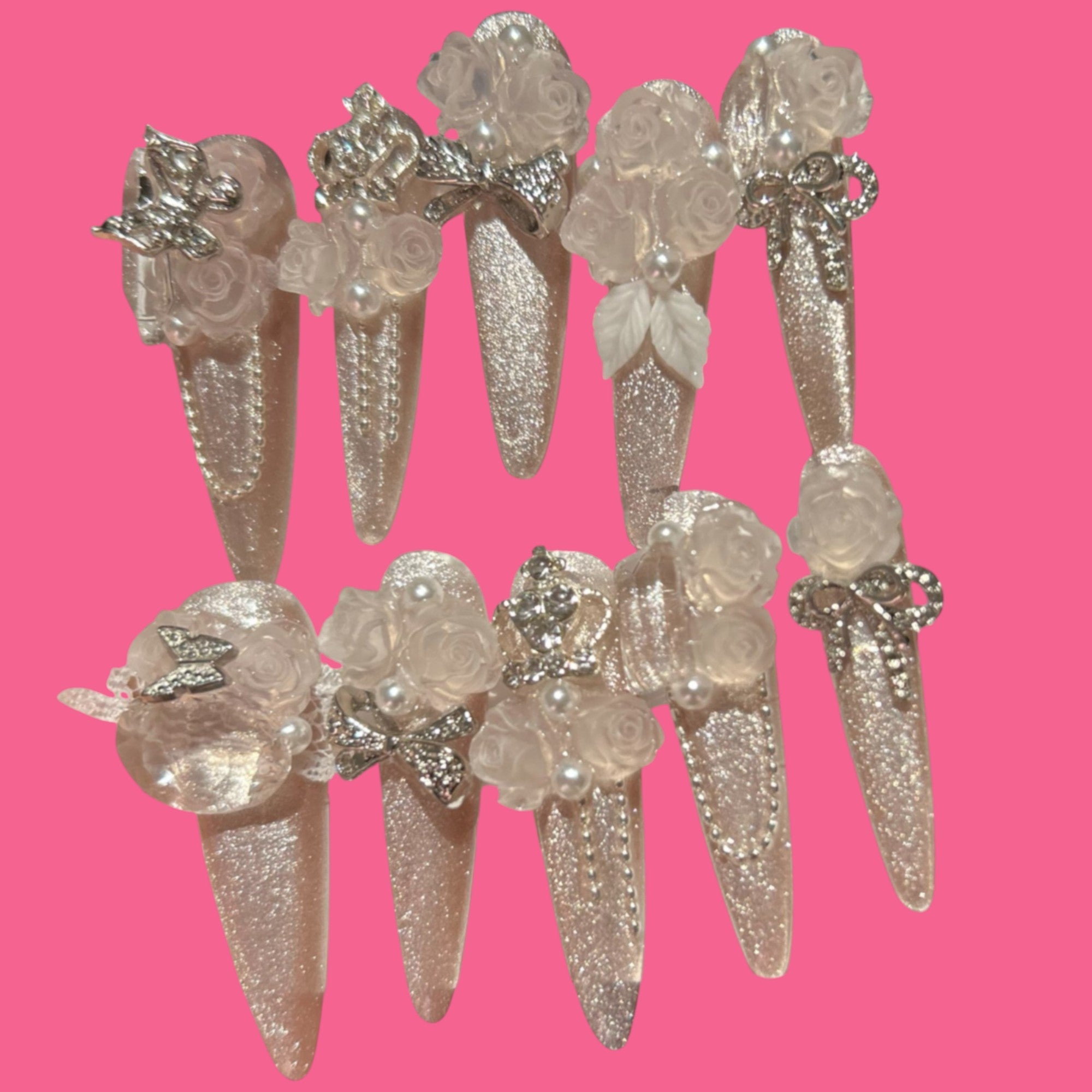 Blush Garden — Glitter Pink Rose & Butterfly Press-On Nails | NailiPress