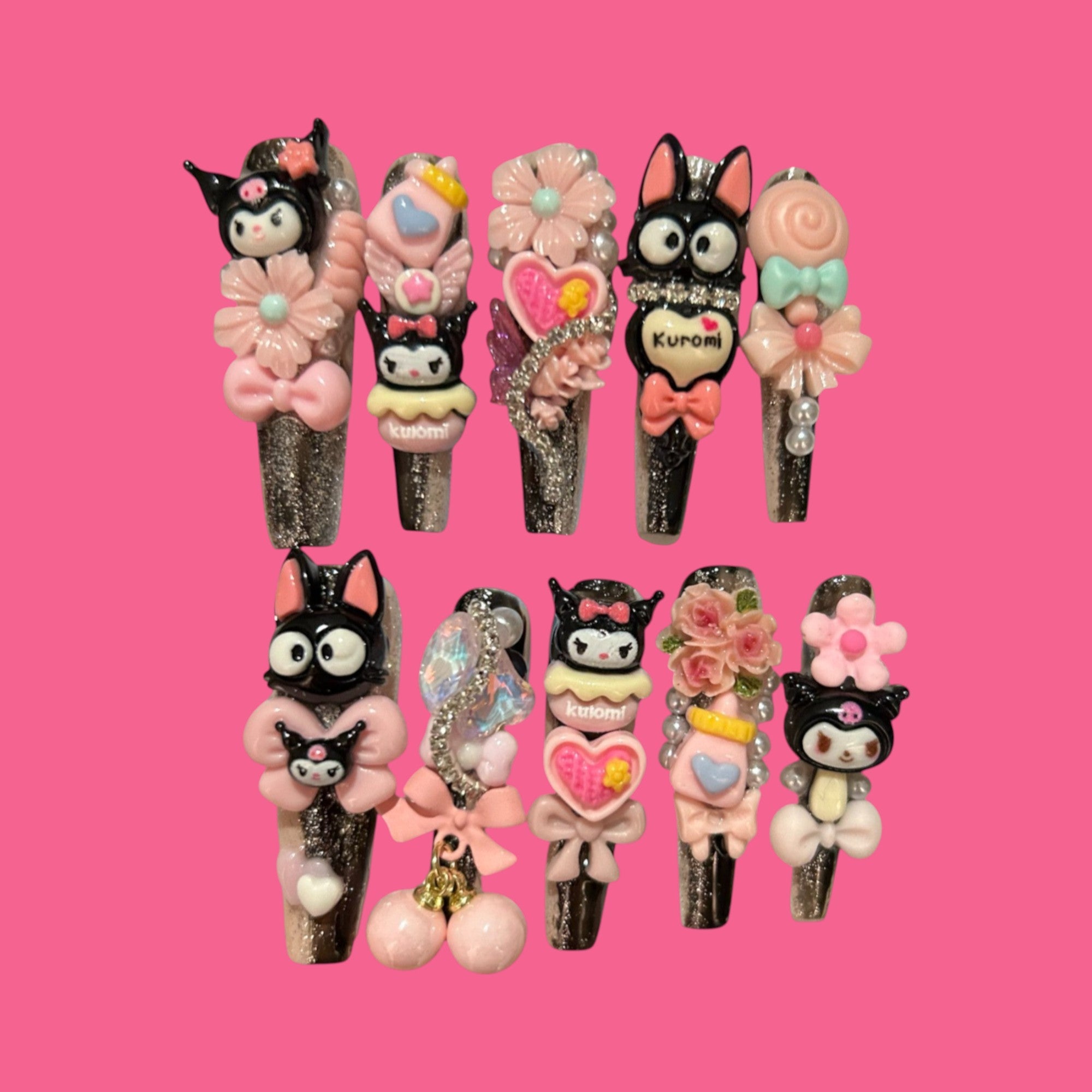 Kuromi-Inspired Kawaii Press-On Nails with 3D Charms – Pink & Black Glitter Coffin