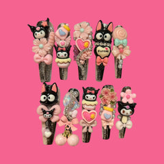 Kuromi-Inspired Kawaii Press-On Nails with 3D Charms – Pink & Black Glitter Coffin