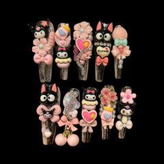 Kuromi-Inspired Kawaii Press-On Nails with 3D Charms – Pink & Black Glitter Coffin