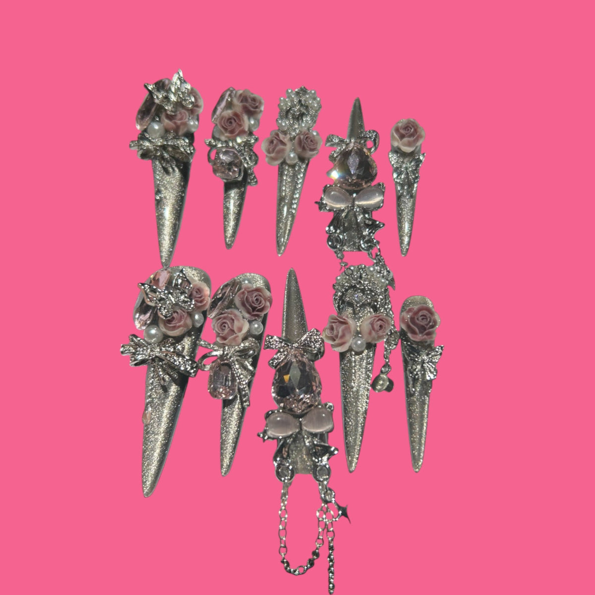 Rose Blush Elegance – 3D Floral Press-On Nails with Charms & Chains 1.57-inch